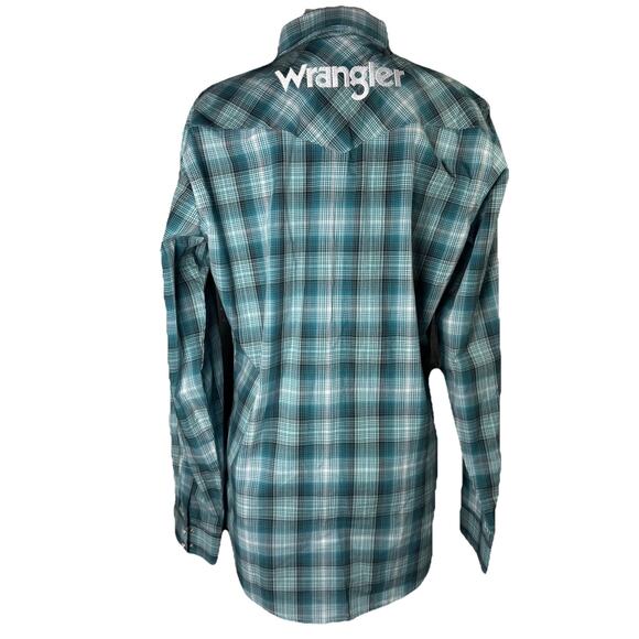 NWT Wrangler Boys XXL Light Blue Plaid Logo Button Down Shirt Western Cowboy - Picture 4 of 8